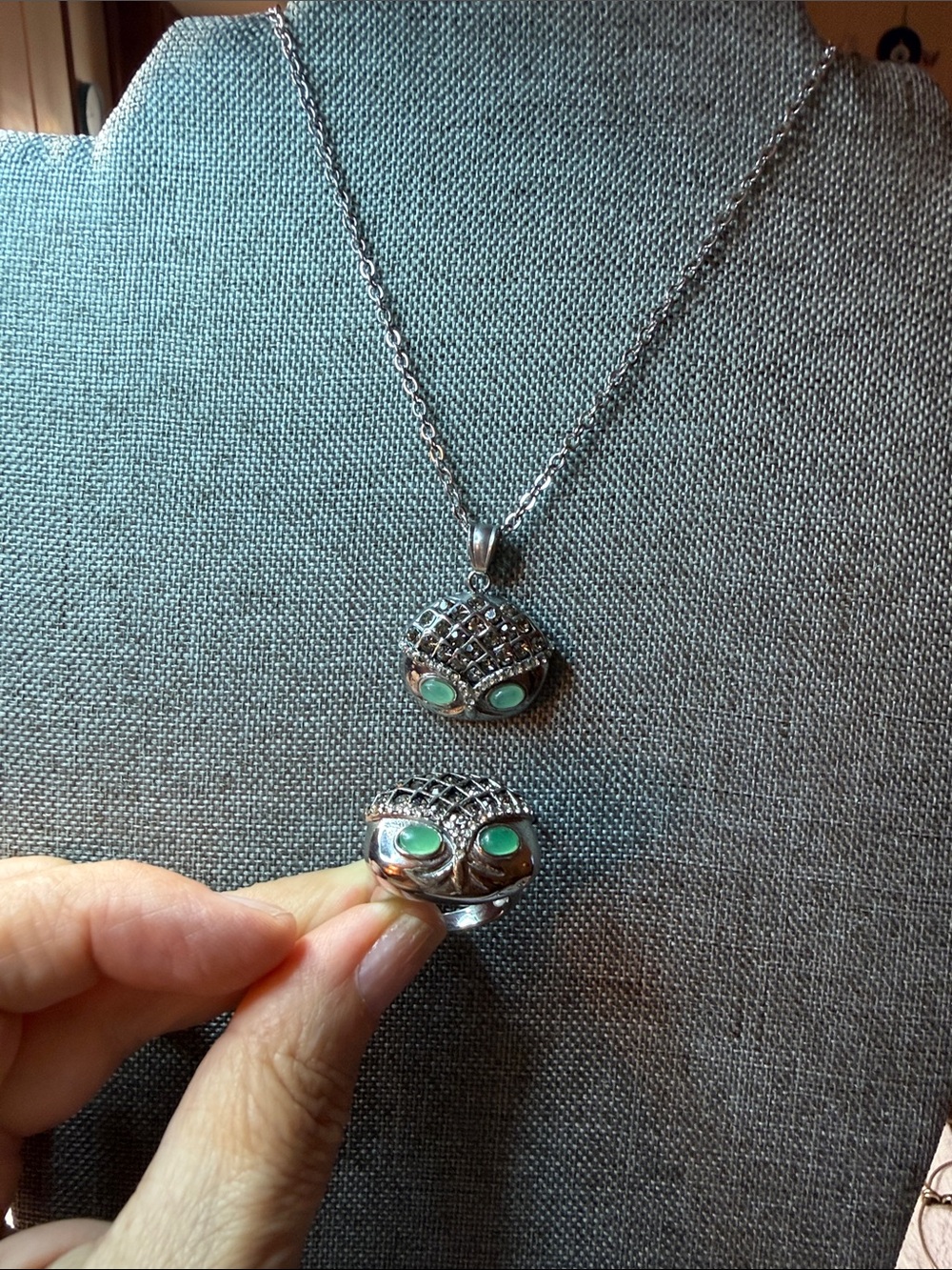 Silver Tone Owl Pendant Necklace and Ring Set with Green Stone Accents